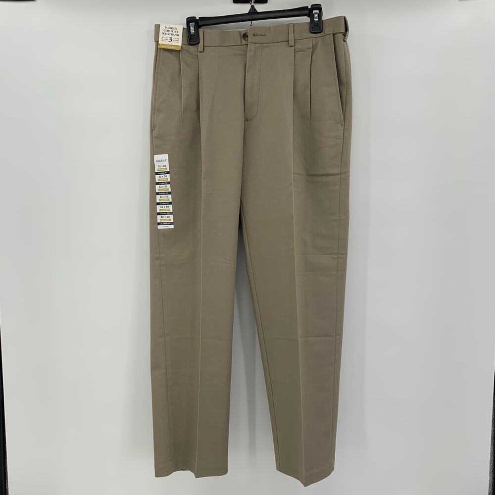 Haggar Iron Free Premium Khaki Pants Mens 32x30 Classic Fit Tan Pleated Front